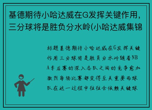 基德期待小哈达威在G发挥关键作用，三分球将是胜负分水岭(小哈达威集锦)