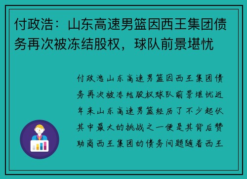 付政浩：山东高速男篮因西王集团债务再次被冻结股权，球队前景堪忧