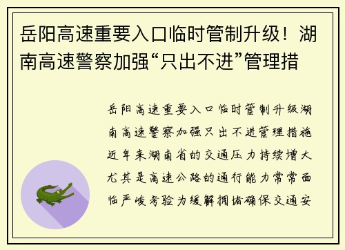 岳阳高速重要入口临时管制升级！湖南高速警察加强“只出不进”管理措施
