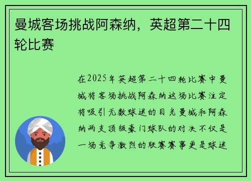 曼城客场挑战阿森纳，英超第二十四轮比赛