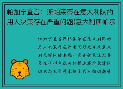 帕加宁直言：斯帕莱蒂在意大利队的用人决策存在严重问题(意大利斯帕尔)