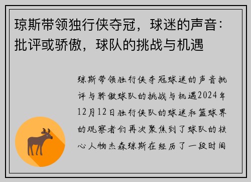 琼斯带领独行侠夺冠，球迷的声音：批评或骄傲，球队的挑战与机遇