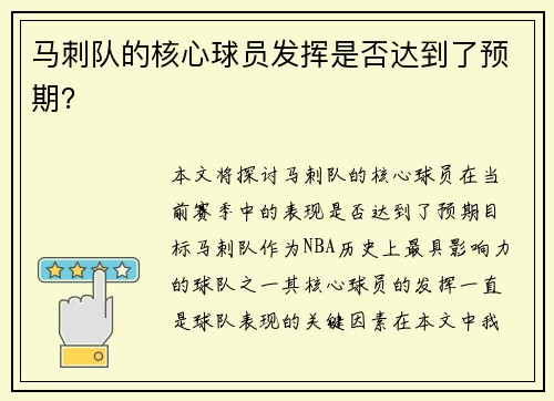马刺队的核心球员发挥是否达到了预期？