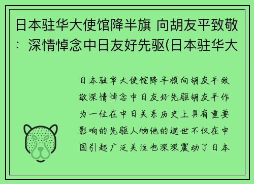 日本驻华大使馆降半旗 向胡友平致敬：深情悼念中日友好先驱(日本驻华大使 死亡)